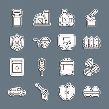 Tavuk yumurtasını kutuya koy, tohumlar, bahçe çiti ahşabı, tohum tohumu dolu paket, çamurlu el arabası, kalkan domuzu, süt ve mesane ikonu için kap. Vektör