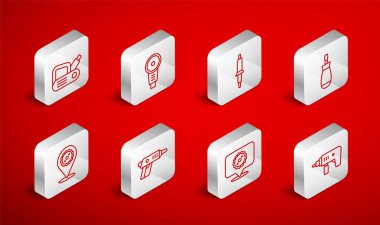 Hat elektrikli matkap, açılı öğütücü, lehim makinesi, tornavida, dairesel testere bıçağı, planör aleti, kablosuz tornavida ve ikon. Vektör