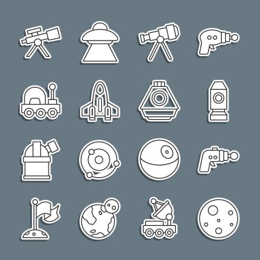 Mars Gezegeni, ışın silahı, roket gemisi, teleskop, gezgin ve uzay kapsülü ikonu. Vektör