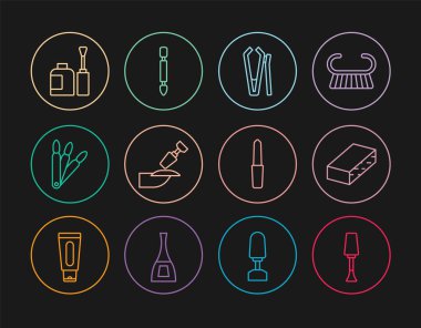 Tırnak cilası, dosya, kesici, manikür, sahte tırnak törpüsü, bir şişe tırnak cilası ve tırnak törpüsü ikonu. Vektör