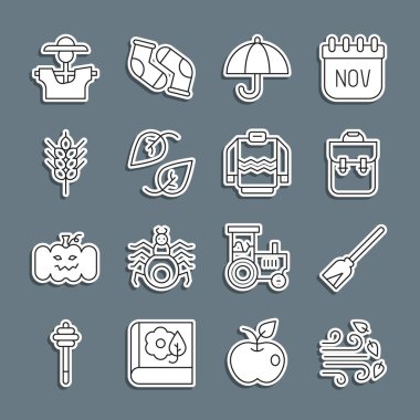 Rüzgarlı hava, süpürge, okul çantası, Şemsiye, Yaprak, Buğday, Korkuluk ve Kazak ikonu. Vektör