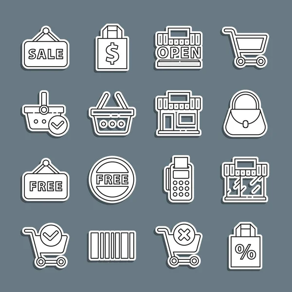 Yüzde indirimli Shoping çanta, alışveriş binası ya da market, el çantası, açık, sepet, çek, asma işareti ve simge. Vektör