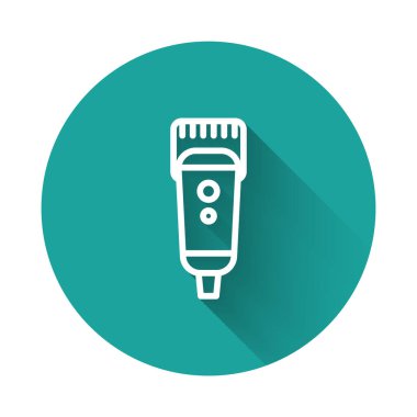Uzun gölgeli beyaz çizgi elektrikli saç kırpıcısı ya da tıraş ikonu. Berber dükkanı sembolü. Yeşil daire düğmesi. Vektör İllüstrasyonu.