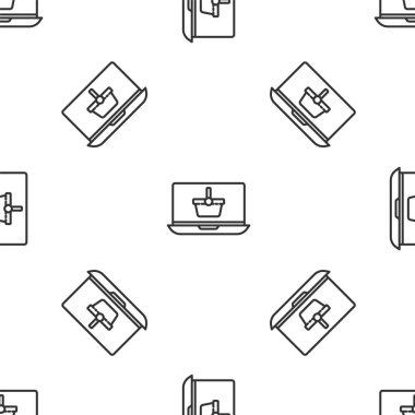 Ekran dizüstü bilgisayar simgesinde gri çizgi alışveriş sepeti beyaz arka planda izole edilmiş kusursuz desen. Konsept e-ticaret, e-ticaret, online iş pazarlama. Vektör İllüstrasyonu.