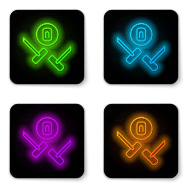 Parlayan neon hattı Curling spor oyunu simgesi beyaz arkaplanda izole edildi. Spor malzemeleri. Siyah kare düğme. Vektör.