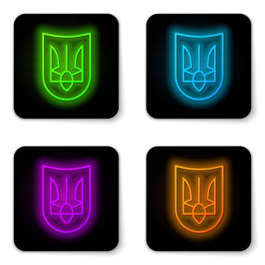 Parlayan neon hattı Ukrayna simgesinin ulusal amblemi beyaz arka planda izole edildi. Ukrayna mızrağı. Siyah kare düğme. Vektör.