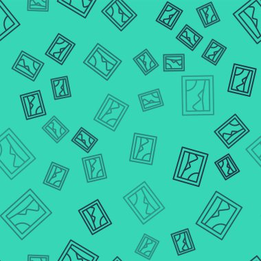 Black line Picture landscape icon isolated seamless pattern on green background.  Vector.