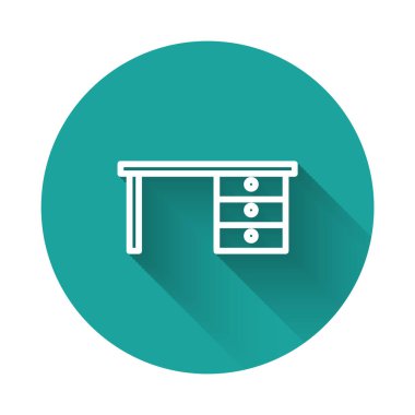 Beyaz çizgi ofis masa simgesi uzun gölgeli izole edilmiş. Yeşil daire düğmesi. Vektör.