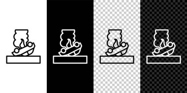 Yanan araba simgesi siyah beyaz arkaplanda izole edildi. Araba yanıyor. Araba alev ve dumanla kaplanmış. Vektör.