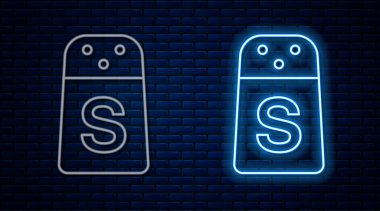 Parlayan neon hattı Tuğla duvar arka planında tuz ikonu izole edildi. Yemek pişirme baharatları. Vektör