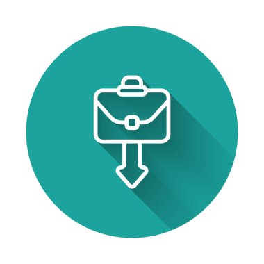 Beyaz çizgi evrak çantası simgesi uzun gölge arkaplanı ile izole edildi. İş ilanı. İş portföyü. Yeşil daire düğmesi. Vektör