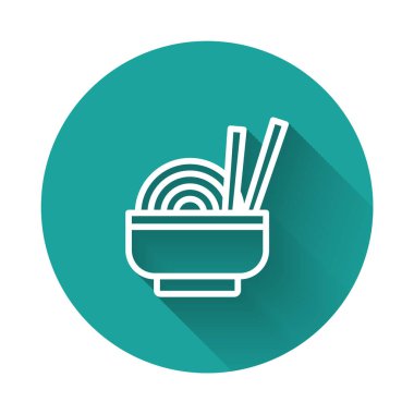 Beyaz çizgi Asyalı erişteler kasede ve yemek çubukları ikonu uzun gölge arkaplan izole. Sokak yemeği. Kore, Japon, Çin yemekleri. Yeşil daire düğmesi. Vektör