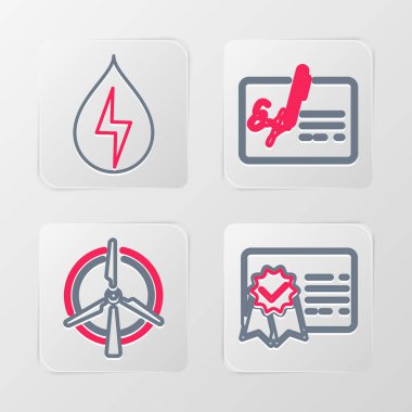 Sertifika şablonu, rüzgar türbini, imzalı belge ve su enerji simgesini ayarla. Vektör