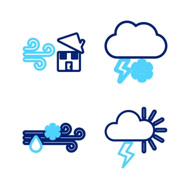 Fırtına, Rüzgâr ve Yağmuru karla, Bulut Yıldırımı ve Tornado girdabı ikonu olarak ayarlayın. Vektör