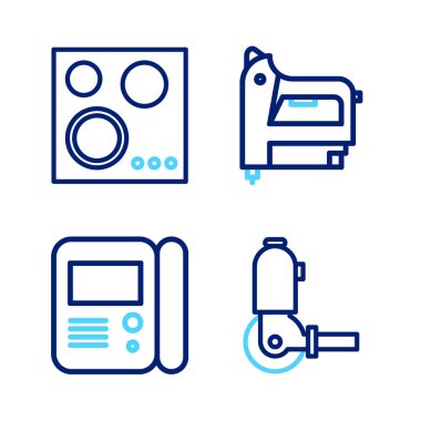 Angle öğütücü, House dahili iletişim sistemi, elektrikli inşaat zımbası ve gaz sobası ikonu. Vektör
