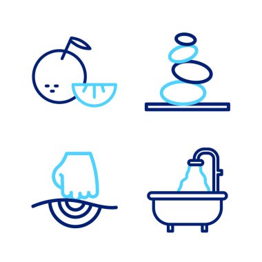 Bathtub, Masaj, Stack sıcak taşları ve Citrus meyve ikonu. Vektör