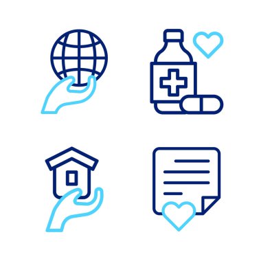 Zarfı kalple, evsizler için barınak ilaç şişesi, haplar ve Dünya 'nın simgesini tutan El ile ayarla. Vektör