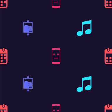 Müzik notasını, ses tonunu, serum torbasını, ölü cep telefonunu ve takvimi kusursuz bir şekilde ayarla. Vektör.