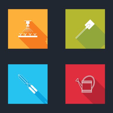 Otomatik sulama fıskiyeleri, bahçe küreği, bahçe yapımı el yapımı makas ve su kutusu simgesini ayarla. Vektör.