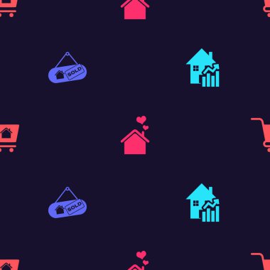 Yükselen konut maliyeti, satılan tabela, evin kalp şekli ve alışveriş arabasının evi pürüzsüz. Vektör.