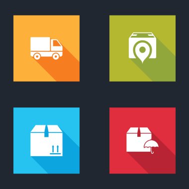 Kargo kamyonu, karton kutulu konum, karton trafik ve paket şemsiye ikonu ayarlayın. Vektör.