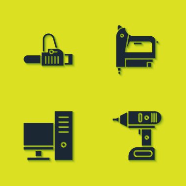 Elektrikli testere, kablosuz tornavida, bilgisayar monitörü ve inşaat zımbası ikonu. Vektör.