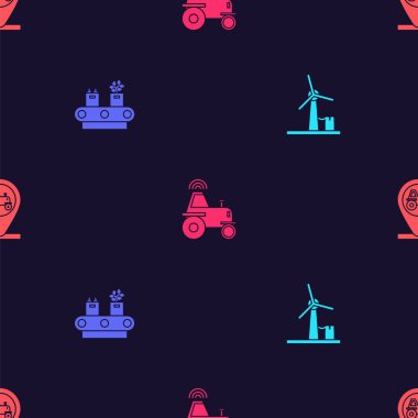 Rüzgar türbini, konveyör kayışı kutuyla, kablosuz traktör akıllı çiftliği ve traktörü ve konumu sorunsuz bir şekilde ayarla. Vektör.