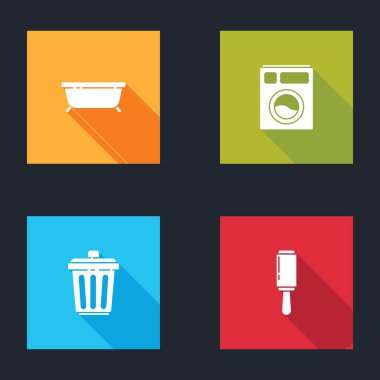 Küveti, çamaşır makinesini, çöp tenekesini ve yapışkan silindir ikonunu ayarla. Vektör.