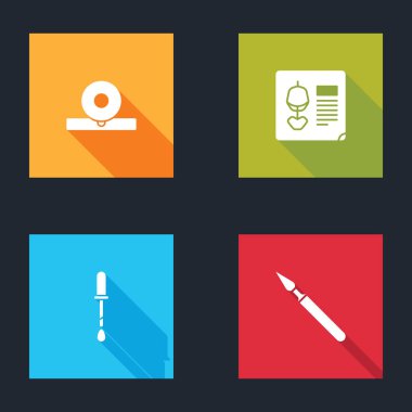 Otolaryngological baş reflektörü, röntgen görüntüleri, Pipette ve Tıbbi cerrahi neşter ikonu ayarlayın. Vektör.