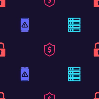 Sunucu, Data, Web Sunucusu, Ünlem işaretli Mobil, Kalkan Doları ve Kilit 'i kusursuz desene ayarlayın. Vektör.