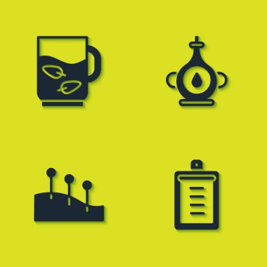 Bir fincan çay ve yaprak, listeli pano, akupunktur terapisi ve yağ şişesi ikonu. Vektör.