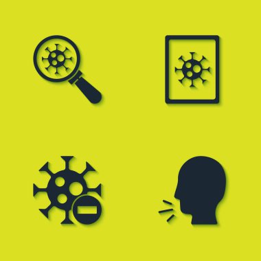 Virüsü büyüteç altına al, öksüren adam, negatif virüs ve monitör ikonu istatistikleri. Vektör.