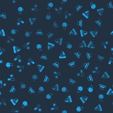 Portakal meyvesi, İspanyol şapkası, yat yelkenlisi ve plajda pürüzsüz bir desen. Vektör.