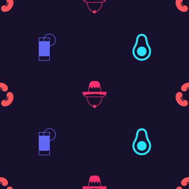 Avokado meyvesi, limonlu tekila bardağı, Meksika sombrerosu ve fasulyeleri kusursuz desenli olsun. Vektör