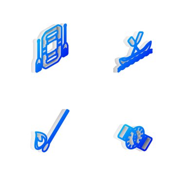 Rafting teknesi, yanan kibrit ve pusula simgesini ayarlayın. Vektör.