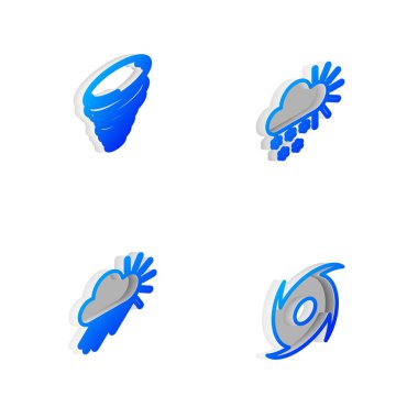 Isometric hattını kar, kasırga, yağmur, güneş ve ikonla donatın. Vektör.