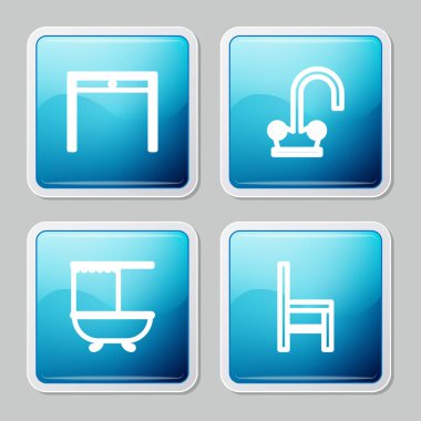 Ahşap masa, su musluğu, duş perdeli küvet ve sandalye ikonu. Vektör.