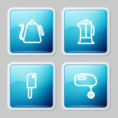 Kettle 'ı kulplu, French press' li, et helikopterli ve elektrik karıştırıcı ikonlu ayarla. Vektör.