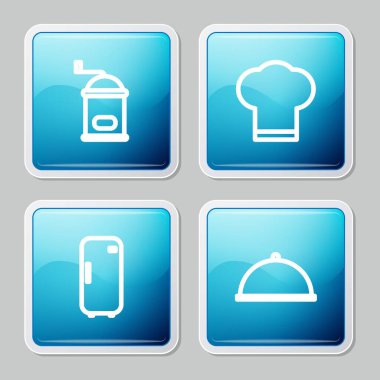 El yapımı kahve öğütücüsü, şef şapkası, buzdolabı ve tepsi ikonuyla kaplı. Vektör.