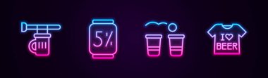 Bir bardak bira, bira kutusu, pong oyunu ve tişörtle tabela yap. Parlayan neon ikonu. Vektör