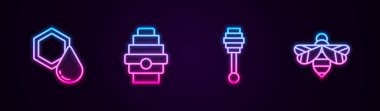 Hattı ayarla Bal Tarağı, Arılar için Kovan, Dipper Çubuğu ve Arı. Parlayan neon ikonu. Vektör
