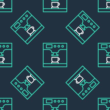 Çizgili kahve makinesi ve kahve fincanı ikonu siyah arka planda izole edilmiş. Vektör