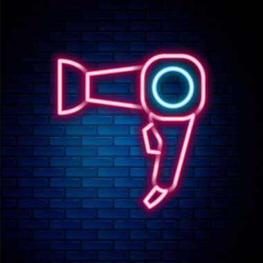 Parlayan neon hattı saç kurutma ikonu tuğla duvar arka planında izole edilmiş. Saç kurutma makinesi tabelası. Saç kurutma sembolü. Sıcak hava üflüyor. Renkli taslak konsepti. Vektör