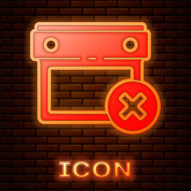 Glowing neon Calendar date delete icon isolated on brick wall background. Event reminder symbol.  Vector.