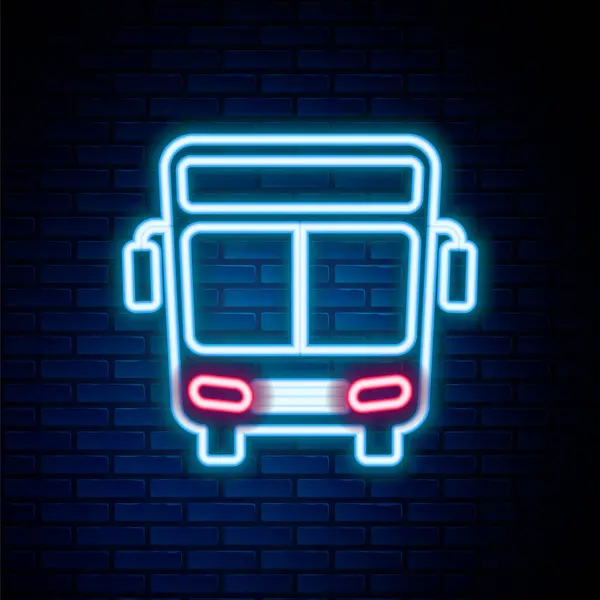 Glowing neon line Bus icon isolated on brick wall background. Transportation concept. Bus tour transport sign. Tourism or public vehicle symbol. Colorful outline concept. Vector