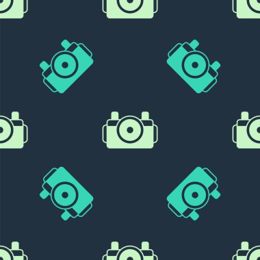 Dalgıç simgesi için yeşil ve bej fotoğraf makinesi mavi arkaplandaki kusursuz deseni izole etti. Fotoğraf makinesi simgesi. Su altı ekipmanları. Vektör
