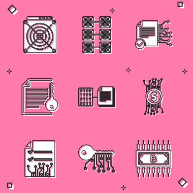 ASIC Madenci, Madencilik Çiftliği, Akıllı sözleşme ve Kripto para birimi bitcoin devre simgesini ayarla. Vektör