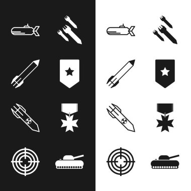 Sembol, Roket, Denizaltı, Nükleer Roket, Askeri Ödül Madalyası, Tank ve Hedef Spor ikonu. Vektör