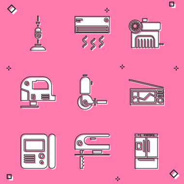 Elektrikli süpürge, klima, kompresör, elektrikli yapboz, açılı öğütücü ve radyo ikonunu ayarla. Vektör