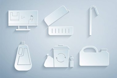 Geri dönüşüm kutusunu geri dönüşümle, plastik pipet içme, bulaşık deterjanı için şişe, teneke kutu yağı, beslenme çantası ve kirliliği önleme ikonu ile ayarla. Vektör